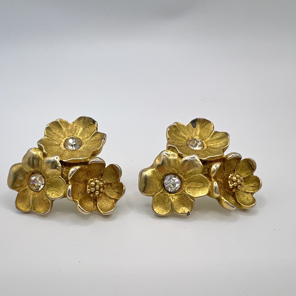 Vintage Gold Tone Floral Cluster Rhinestone Heavy Stud Earrings Statement